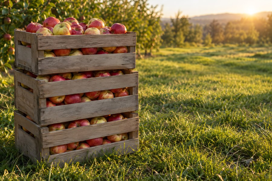 Stacked wooden crates overflowing with freshly harvested red apples in a sunlit orchard field at golden hour