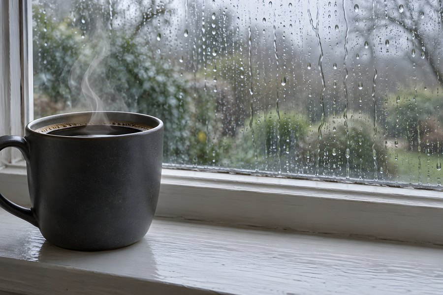 Steaming mug of black coffee on a white windowsill with rain streaming down the window and a blurred garden beyond