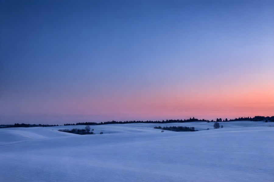 Minimal snow-covered rolling hills at blue hour with soft pink-to-blue gradient sky and distant tree line silhouette, wide copy space