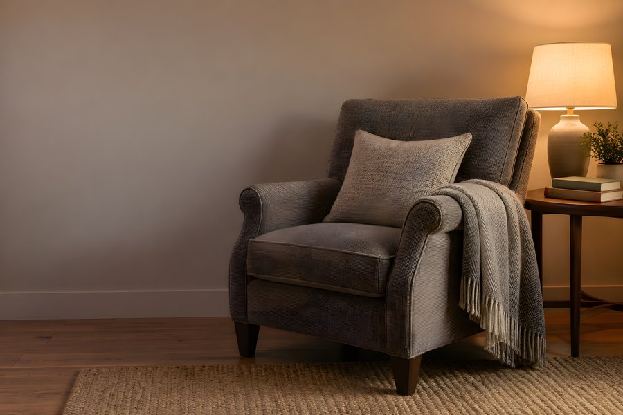 Cosy grey armchair with cushion and throw blanket beside a glowing table lamp in a warm living room corner, copy space on wall