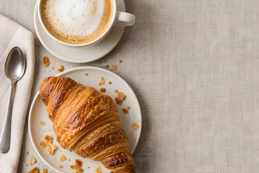 Cappuccino and Flaky Butter Croissant on a Linen Café Table, Top-Down Flat Lay with Copy Space