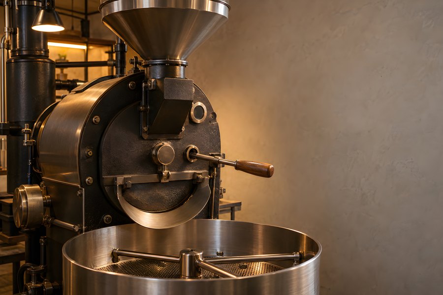 Industrial drum coffee roasting machine with wooden handle and cooling tray in a rustic workshop interior