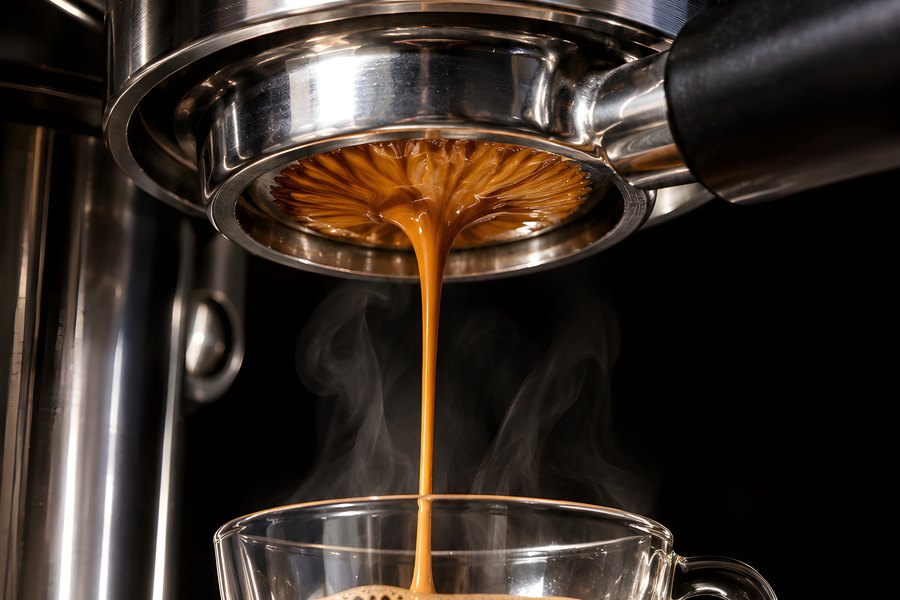 Espresso Extraction Close-Up: Coffee Pouring from a Bottomless Portafilter into a Glass Cup with Crema and Rising Steam