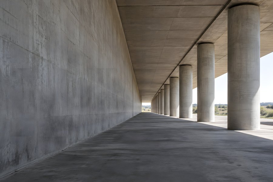 Underside view of a concrete highway viaduct with a row of cylindrical piers receding to a vanishing point