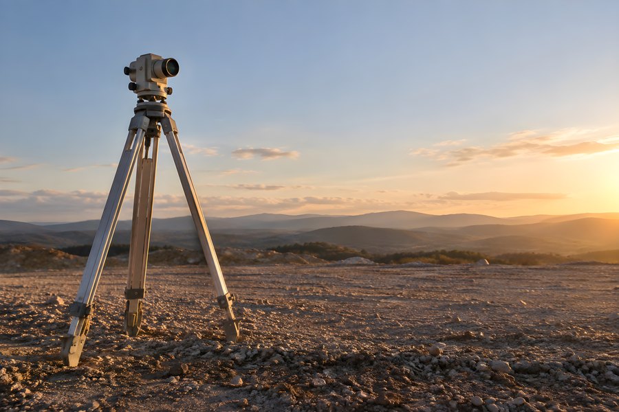 Surveying tripod and theodolite set up on an empty construction site at sunset with distant hills