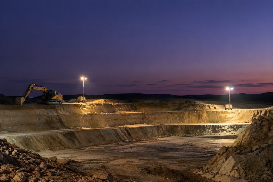 Deserted construction site lit by floodlight towers with excavator standing idle at dusk