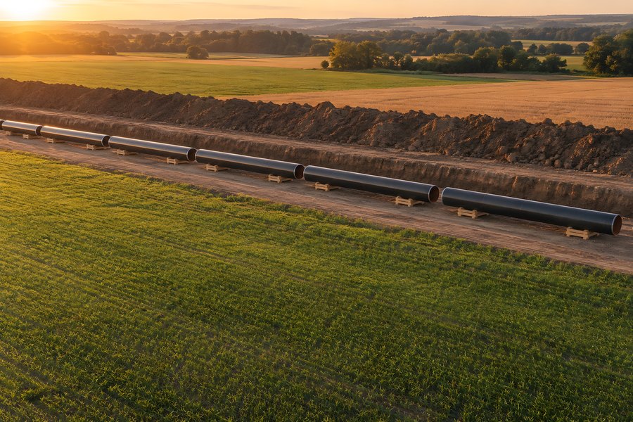 Aerial view of steel pipeline sections laid along an excavated trench in farmland at sunrise, ready for underground installation