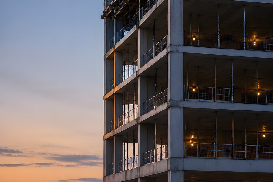 Unfinished multistory concrete building illuminated at dusk on a deserted construction site