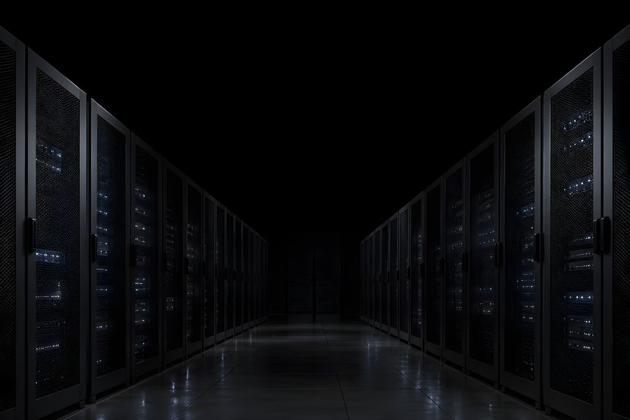 Dark Server Room Aisle with Glowing Blue Indicator Lights and Reflective Floor
