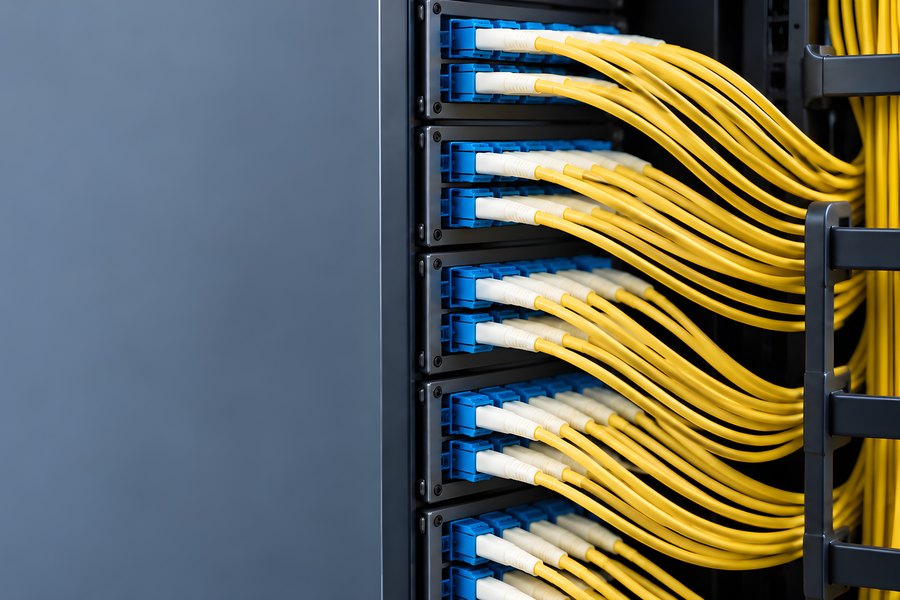 Close-up of a fiber optic patch panel with cascading yellow patch cords in a network server rack