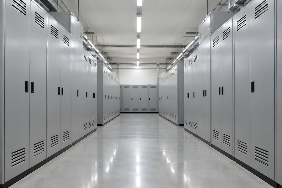Rows of uninterruptible power supply cabinets facing each other in a data center electrical switchgear room