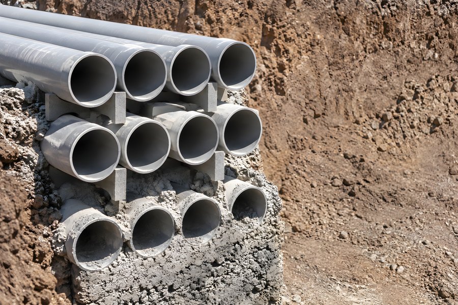 Bundle of underground conduit pipes stacked on concrete spacers beside an excavated trench