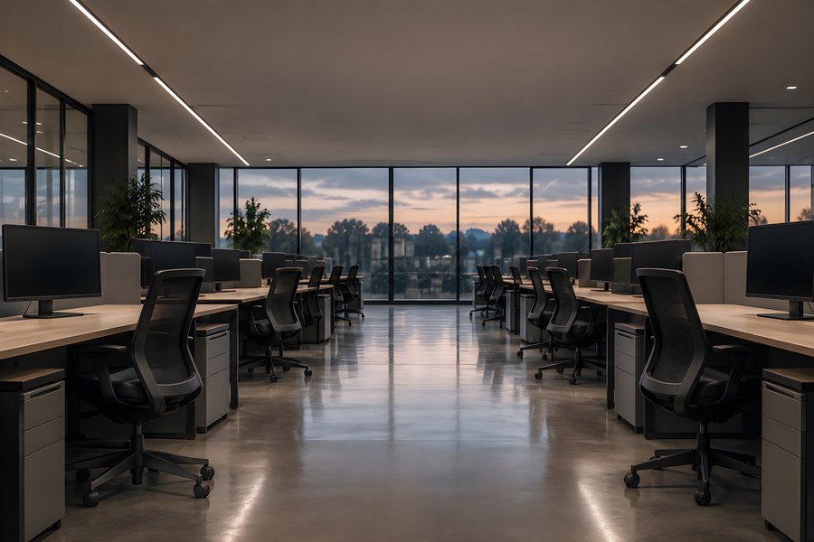 Empty open plan office with rows of desks and chairs lit at dusk, no people present