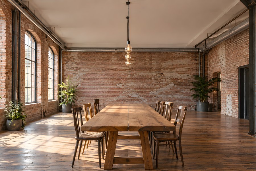 Empty industrial loft coworking space with long wooden communal table, mismatched chairs and exposed brick walls