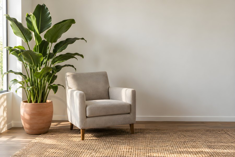 Empty office lounge corner with a large potted plant, upholstered armchair, and jute rug beside a sunlit window, no people