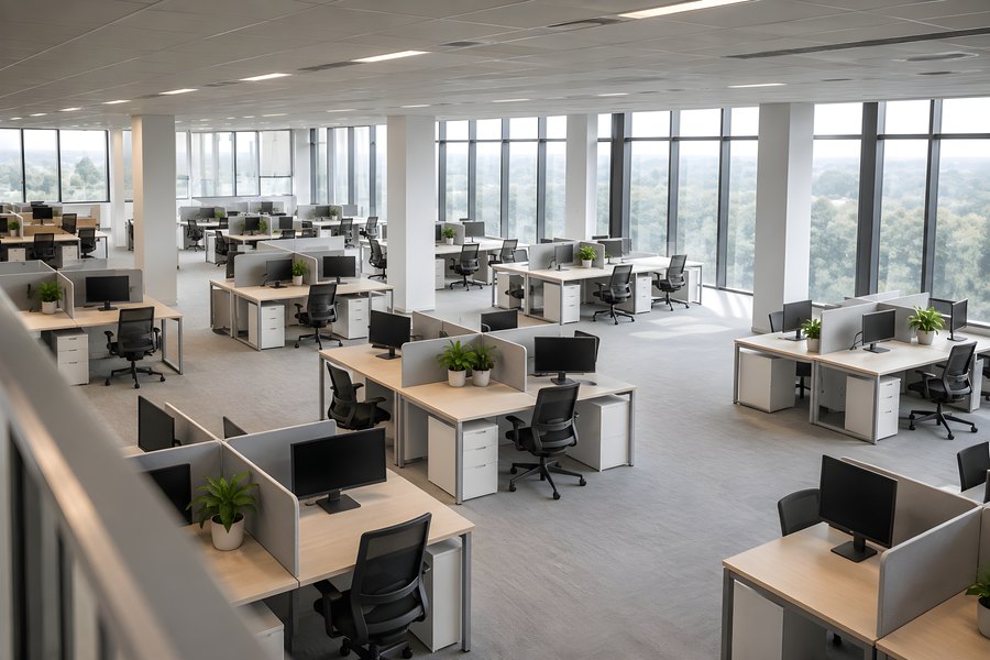 Empty open-plan office with rows of vacant desks beneath floor-to-ceiling windows