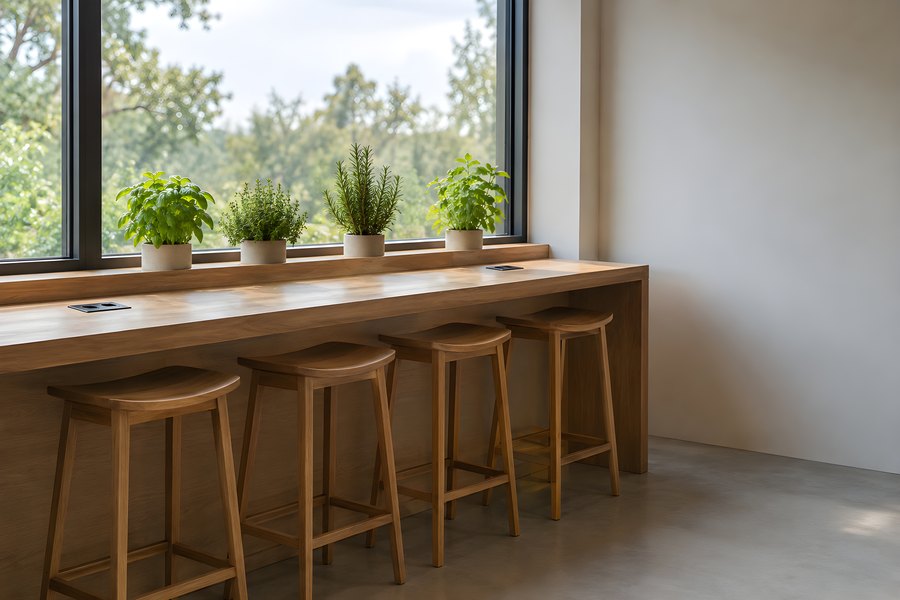 Empty coworking corner with a long wooden counter, four bar stools and potted herbs by the window