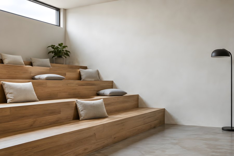 Empty office breakout area with tiered wooden bleacher-style seating, scatter cushions, a potted plant and floor lamp