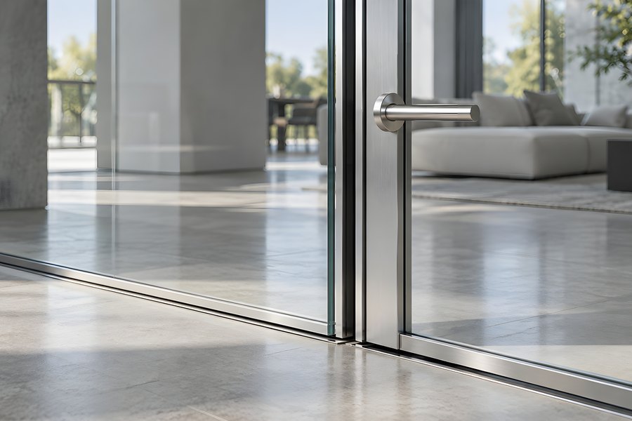 Close-up of a glass partition with brushed steel frame, lever handle, and sliding track in a bright modern interior corridor