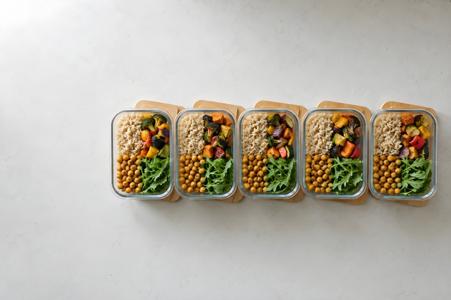 Row of glass meal prep containers with brown rice, roasted vegetables, chickpeas and arugula on a white marble counter, top view
