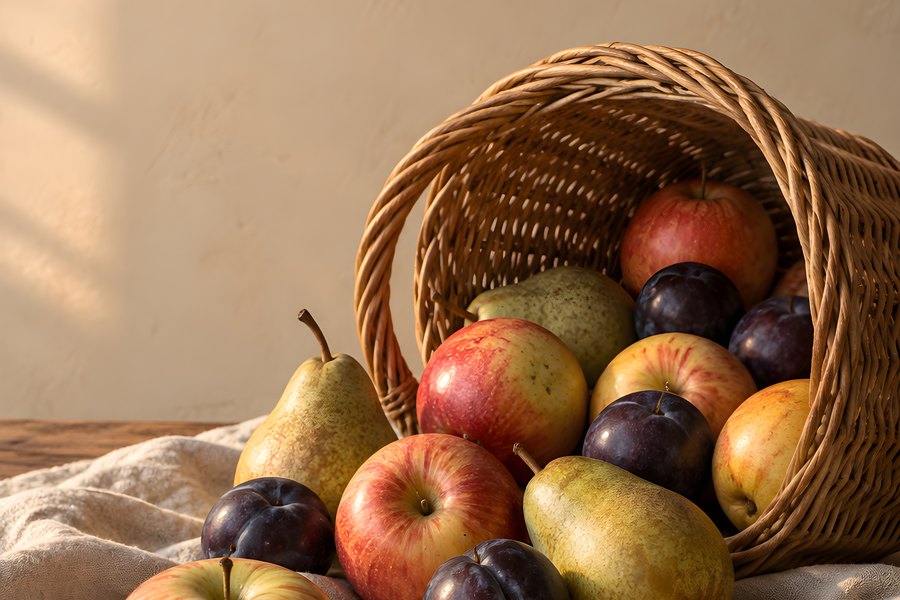 Wicker basket overflowing with apples, pears and plums spilled across a linen cloth on a rustic wooden table with warm copy space