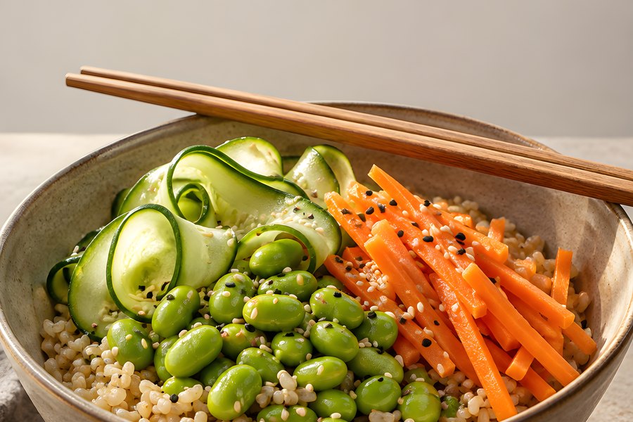 Vegetarian grain bowl with edamame, cucumber ribbons and matchstick carrots in a stoneware bowl with chopsticks on a neutral background