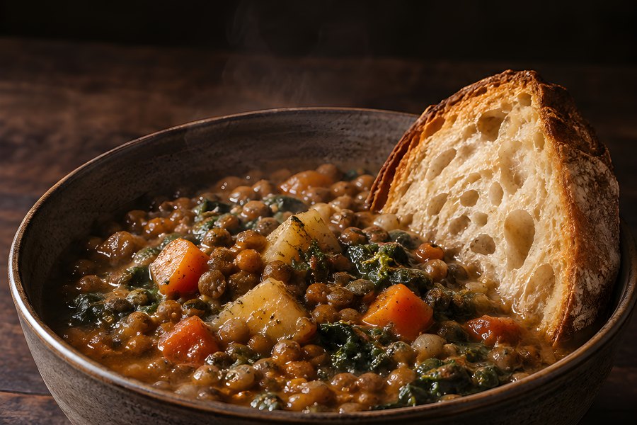 Hearty vegan lentil stew with kale, carrots and potatoes in a rustic bowl with crusty sourdough bread