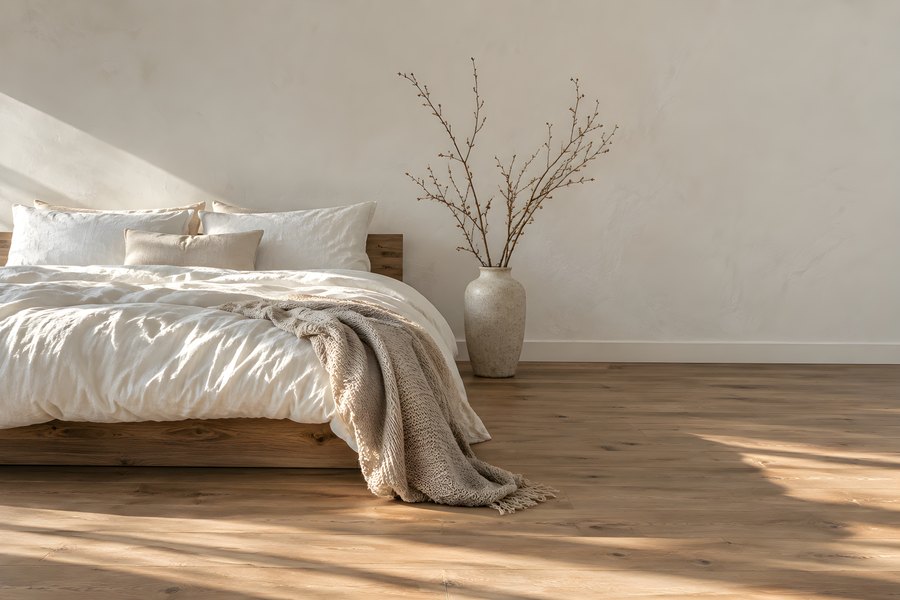 Sunlit minimalist bedroom with unmade white linen bed, knit throw, and ceramic vase of dried branches, no people