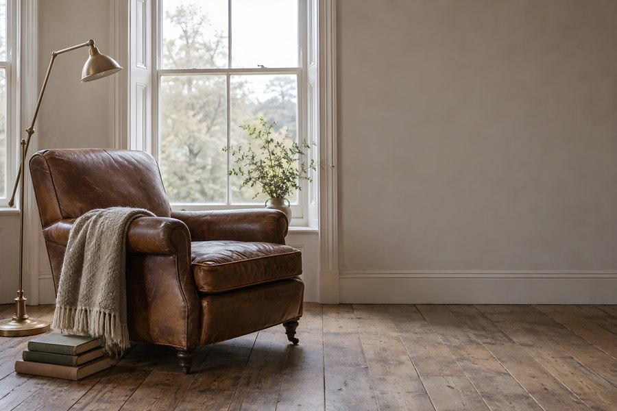 Cozy Leather Armchair by a Window with Wool Throw, Brass Floor Lamp and Stack of Books, No People, Copy Space