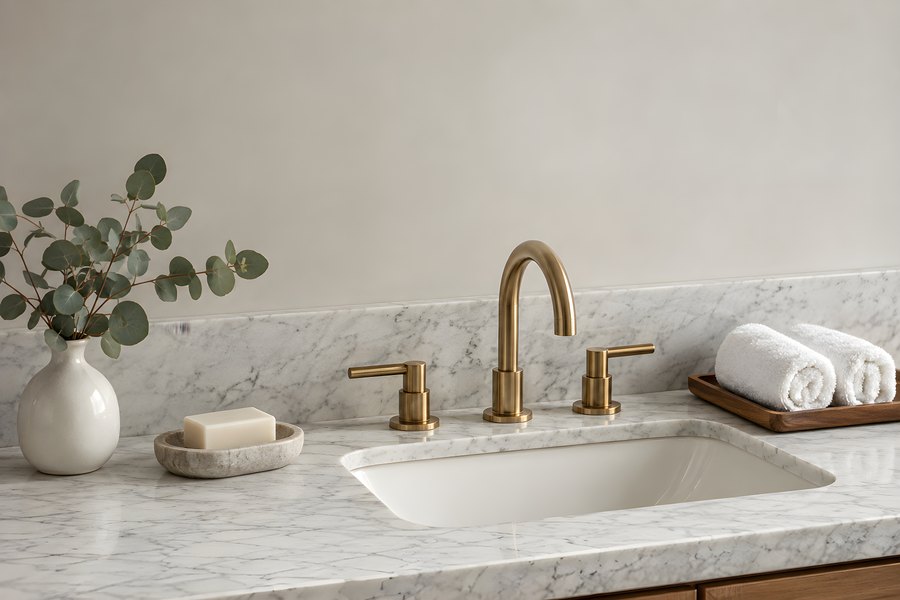 Marble bathroom vanity with brass faucet, soap dish, rolled towels and eucalyptus stem, no people