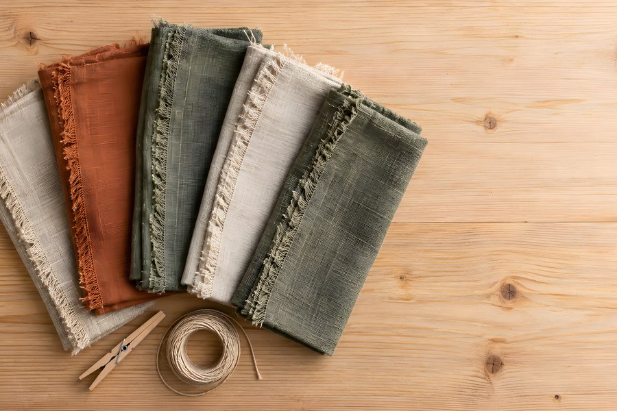 Folded linen napkins in earth tones fanned on a wood table with a clothespin and twine, flat lay