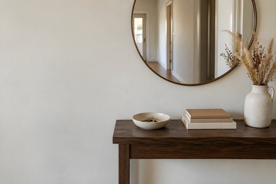 Round mirror above a dark wood console table with a ceramic bowl of keys, stacked books, and a vase of dried pampas grass in a bright entryway