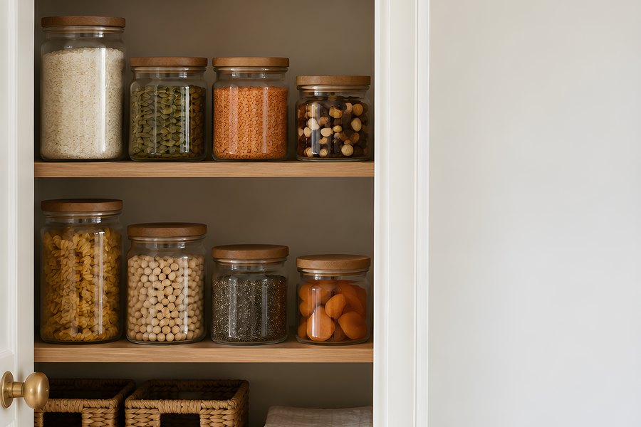 Open Pantry Closet Interior with Unlabelled Glass Jars, Woven Baskets and Folded Towels on Wooden Shelves