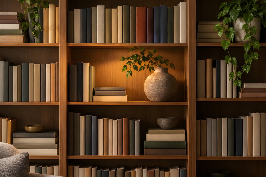 Cozy reading corner with floor-to-ceiling bookshelves of blank-spine books, trailing plants, an armchair and knit throw