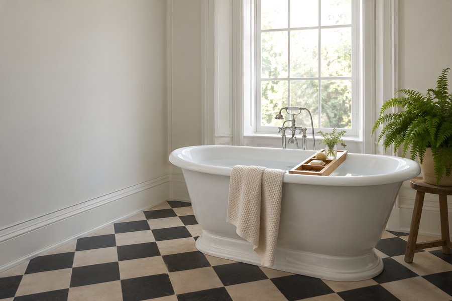 Freestanding oval bathtub filled with water beside a tall window in an empty traditional bathroom with checkerboard tile floor