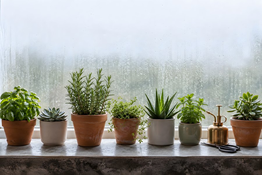 Potted herbs and succulents lined up on a stone windowsill in front of a condensation-covered window