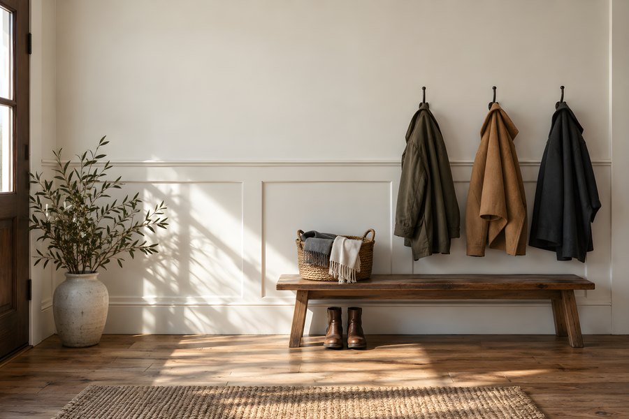 Sunlit entryway with paneled wall, coat hooks, wooden bench and jute doormat, no people present