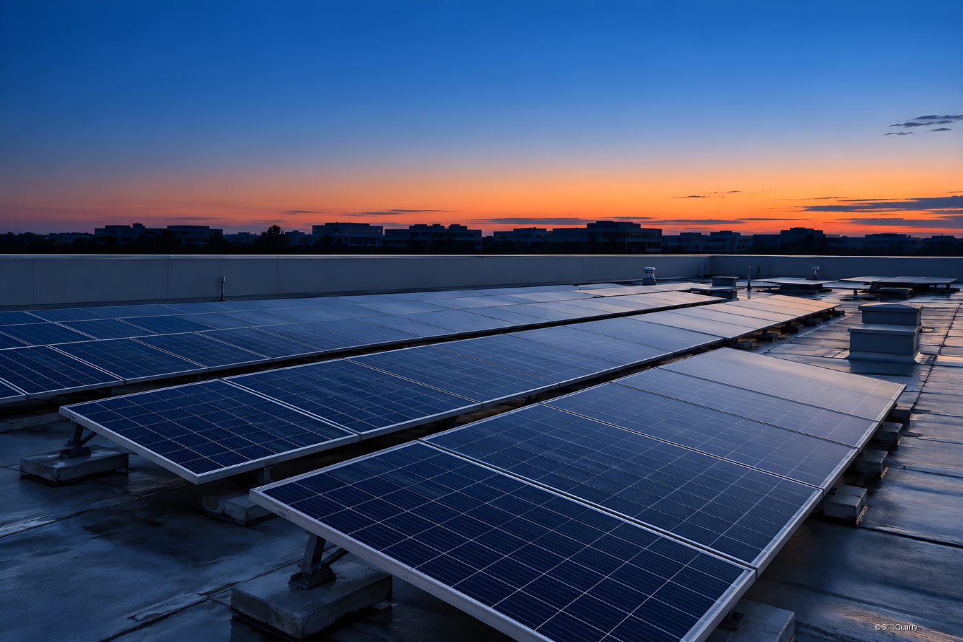 Rooftop solar panels on a flat commercial building roof at sunset with a city skyline silhouette and glowing orange horizon