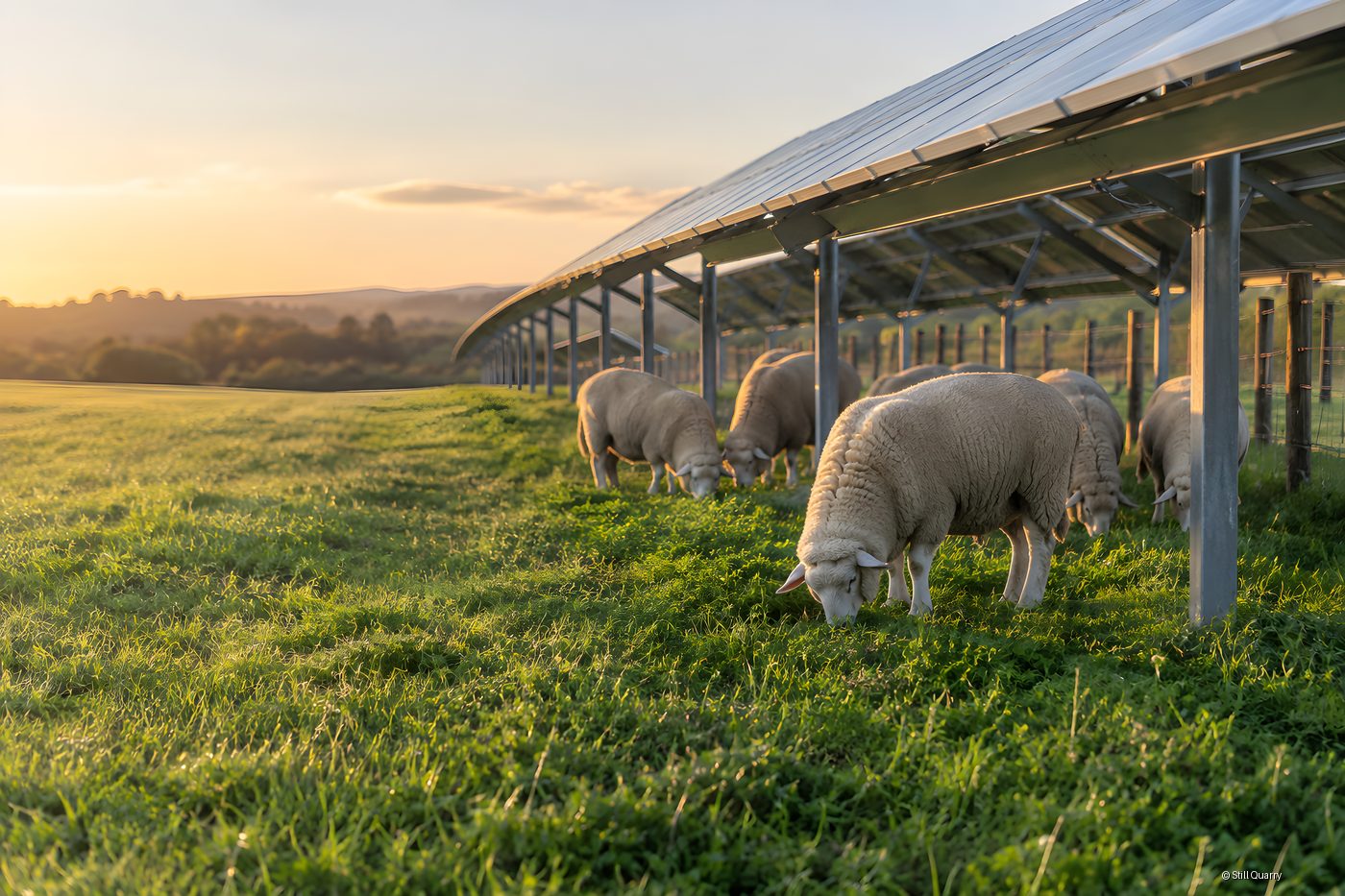 Flock of sheep grazing on green pasture beneath elevated solar panels at golden hour sunset, agrivoltaics dual land use on a rural farm