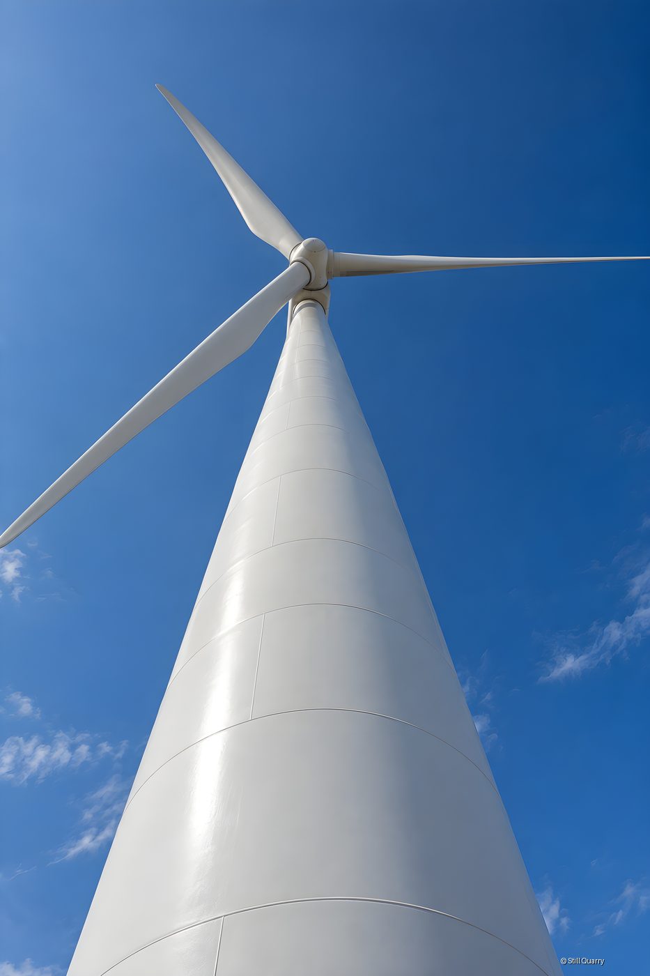 Low angle view up a white wind turbine tower to three rotor blades against a clear blue sky with wispy clouds