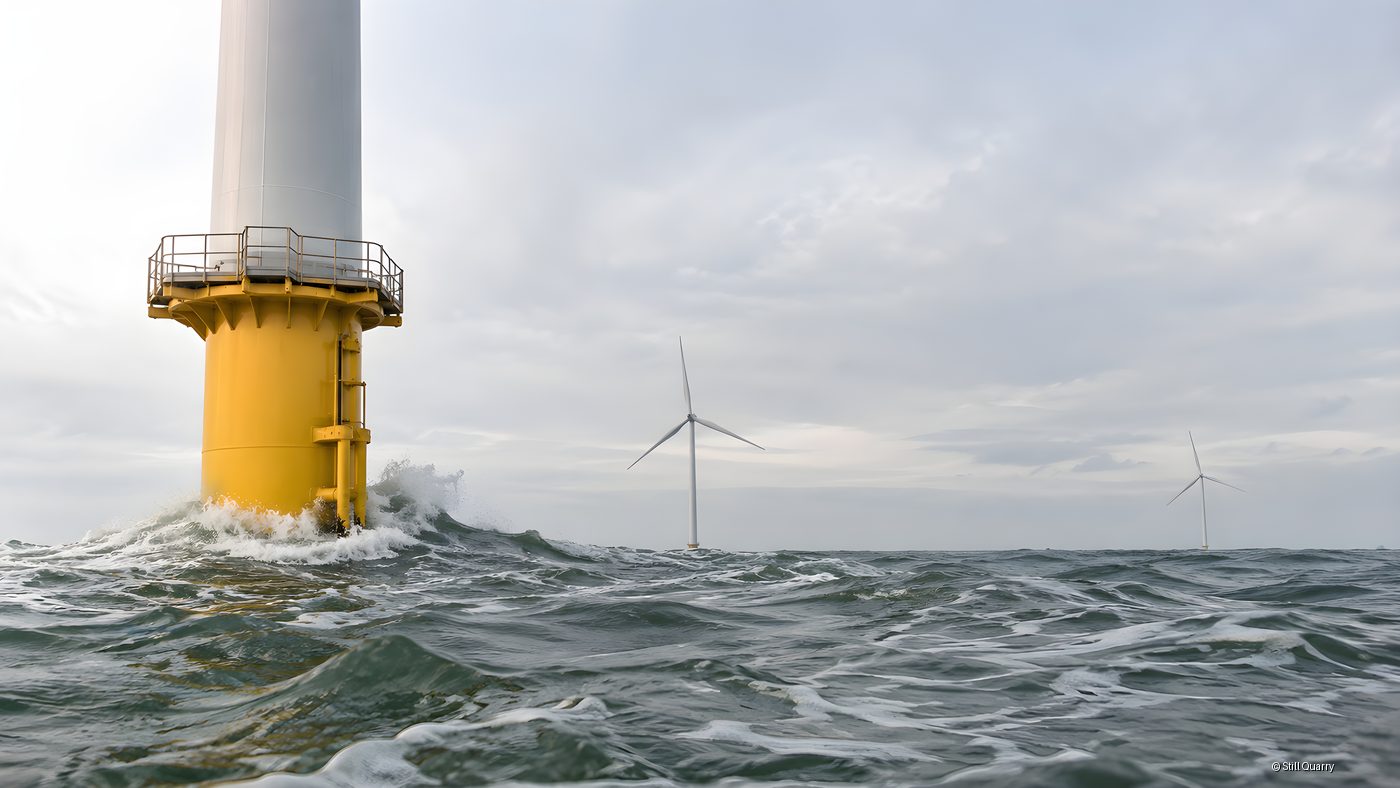 Yellow monopile foundation of an offshore wind turbine with waves splashing at its base and distant turbines on the horizon under overcast sky