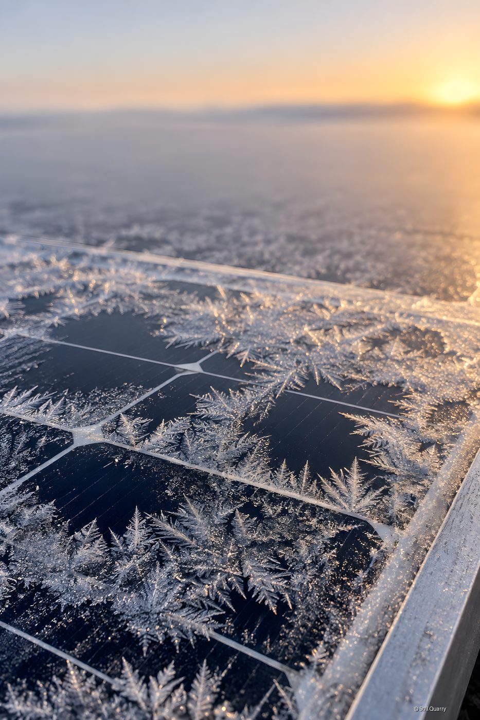 Feathery frost crystals spreading across a solar panel corner with dark photovoltaic cells and aluminum frame under golden sunrise light