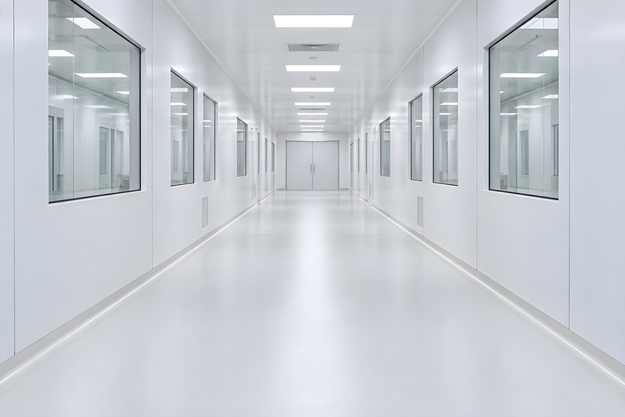 Empty Cleanroom Corridor with Glass Viewing Windows and Epoxy Flooring in a Sterile Facility