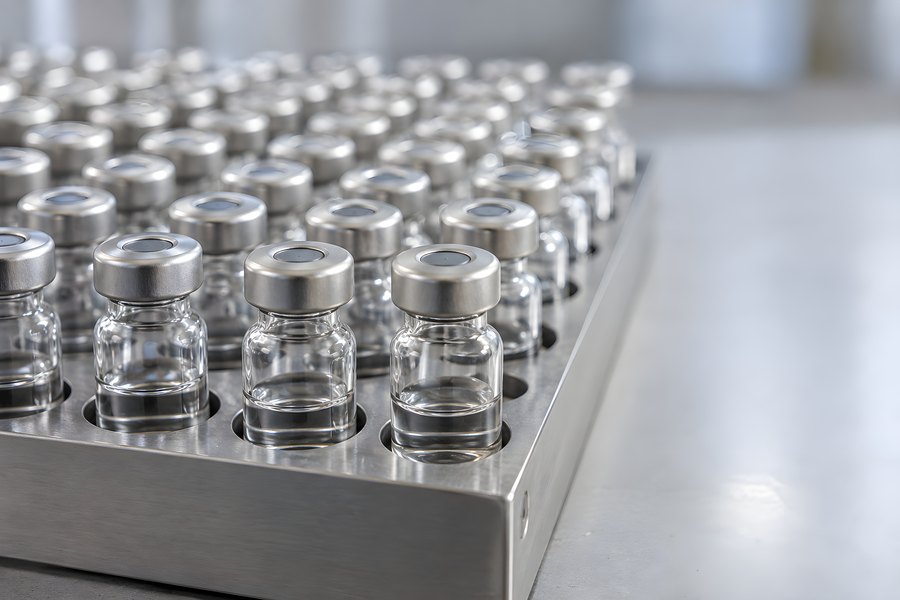 Rows of glass sample vials with septa caps arranged in a stainless steel autosampler tray in an analytical laboratory