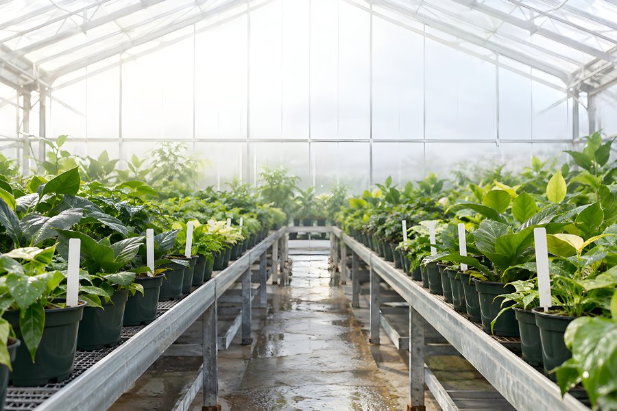 Rows of Potted Plants on Greenhouse Benches with Blank Plant Tags and a Misty Aisle