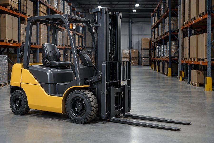 Yellow forklift parked in an empty warehouse aisle beside tall pallet racking loaded with boxes