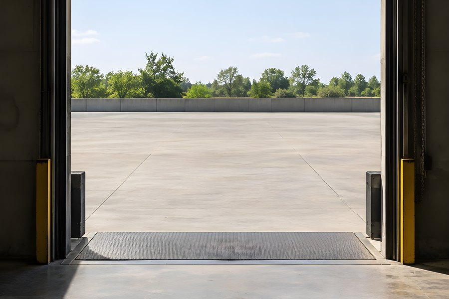 Open Loading Dock Door Leading to an Empty Concrete Yard at a Distribution Warehouse