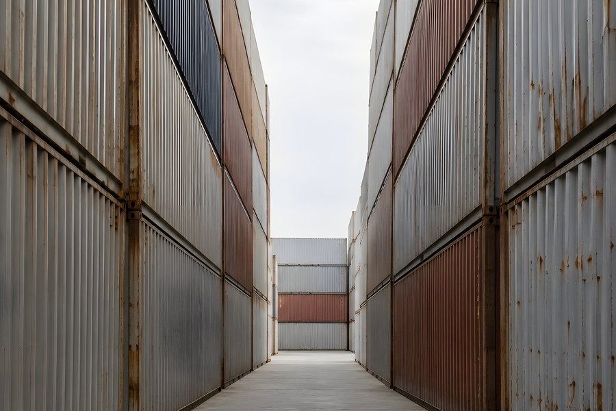 Rows of weathered shipping containers stacked in a narrow container yard corridor