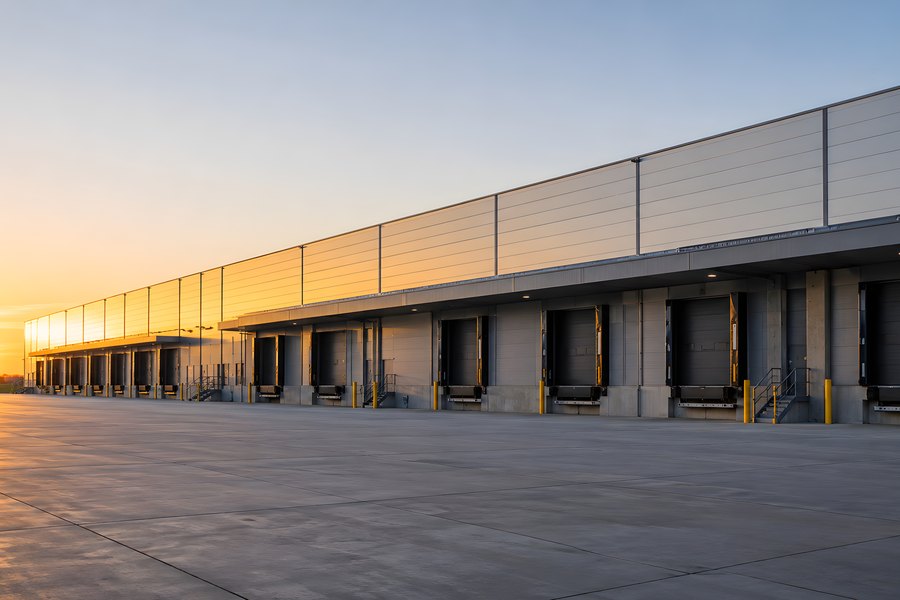 Modern distribution centre exterior with a row of loading dock doors along an empty concrete truck yard at golden hour