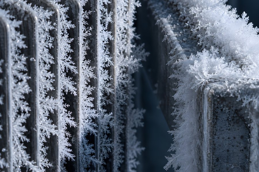 Close-up of thick frost and ice crystals covering ribbed evaporator coil fins in an industrial freezer